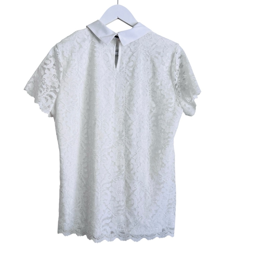 KARL LAGERFELD Peter Pan Collar Black Tie Short Sleeve Lace Top Blouse White M - Picture 13 of 17